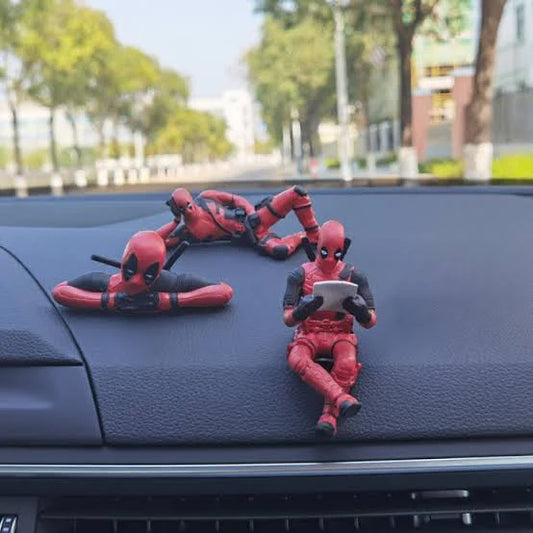 Deadpool Car Dashboard Action Figures (Set of 3) - Cute Sitting & Lying Anime Collectible Dolls for Car Interior, PC Setup & Office Desk